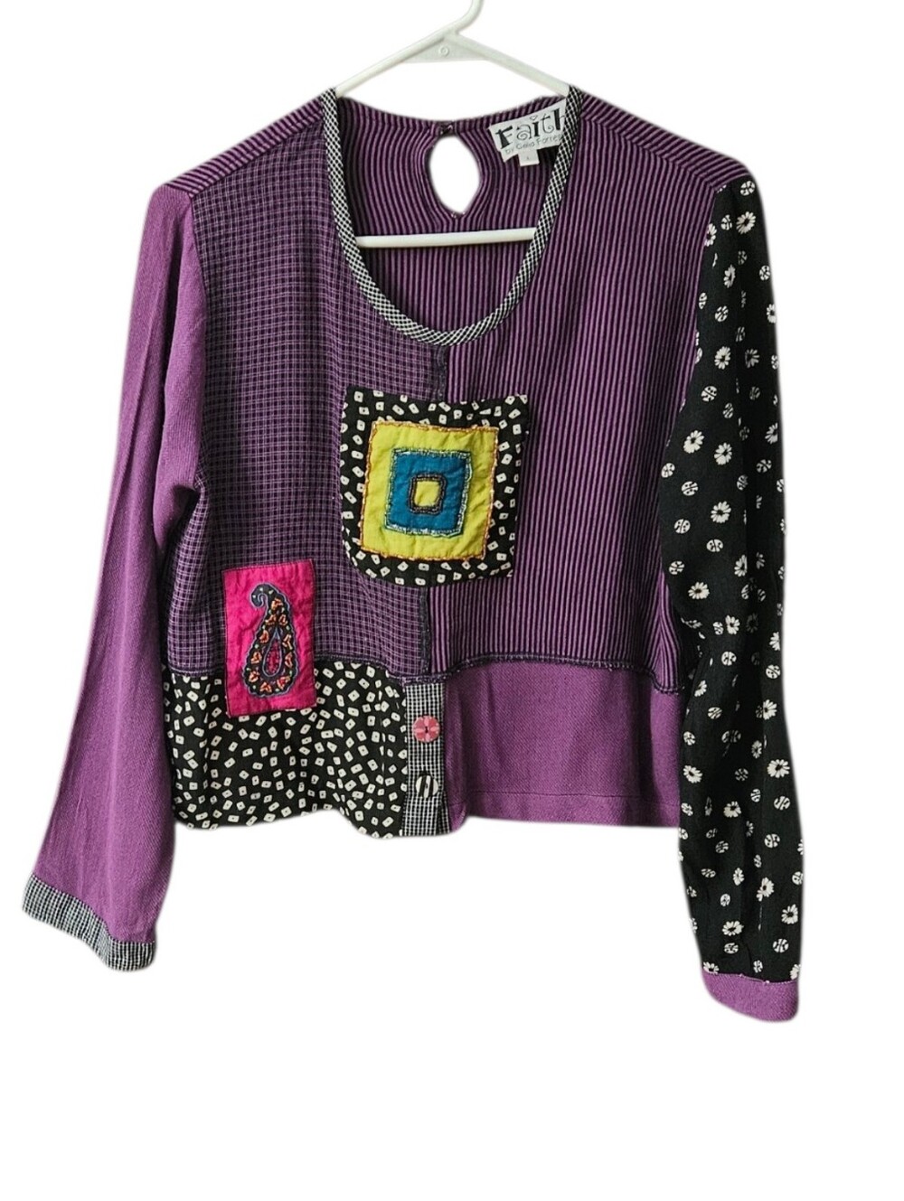 Vintage Faith by Celia Forrester Long Sleeve Top Patchwork Crop L Artsy